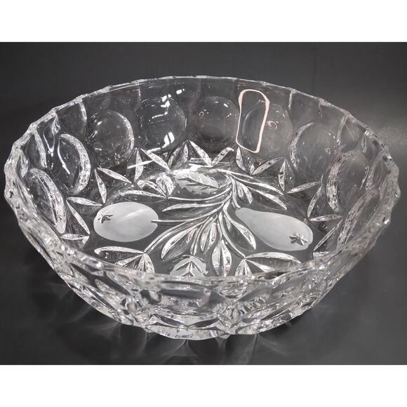 Crystal Cut Glass Fruit Serving Bowl 8.5" Frosted Fruit Pattern Centerpiece MCM - Picture 3 of 10